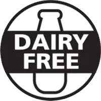 Black round badge reading dairy free
