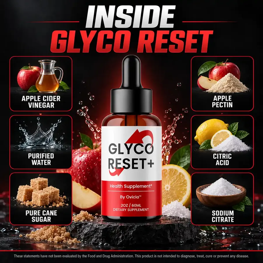 Brand graphic titled Inside Glyco Reset showing the bottle between six tiles, apple cider vinegar, purified water, pure cane sugar, apple pectin, citric acid and sodium citrate