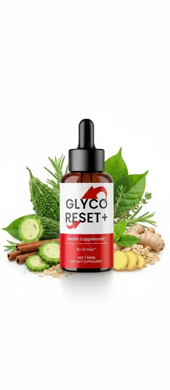 A Glyco Reset+ bottle surrounded by bitter melon, cinnamon sticks, ginger root, rosemary and seeds