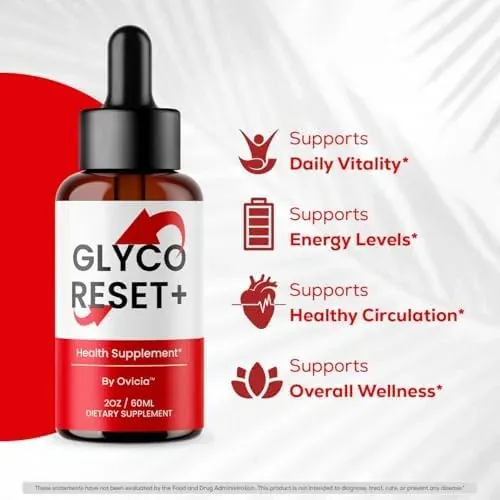 Glyco Reset bottle on a red background with four icons for daily vitality, energy levels, healthy circulation and overall wellness
