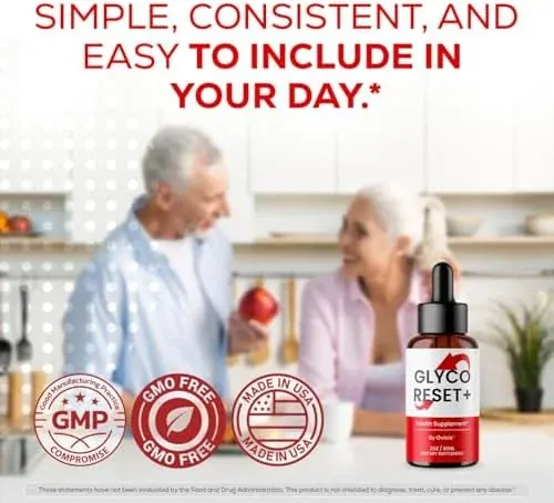 An older couple smiling in a kitchen beside a Glyco Reset bottle, with GMP, GMO-free and Made in USA roundels