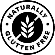 Square badge with a crossed-out wheat stalk reading gluten free