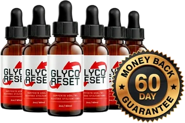 Six amber Glyco Reset dropper bottles with red and white labels reading Supports Healthy Glucose Utilization, 2 oz / 60 mL, beside a gold 60-day money-back guarantee seal