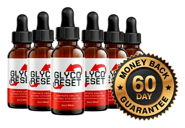 Six amber Glyco Reset dropper bottles beside a gold 60-day money-back guarantee seal